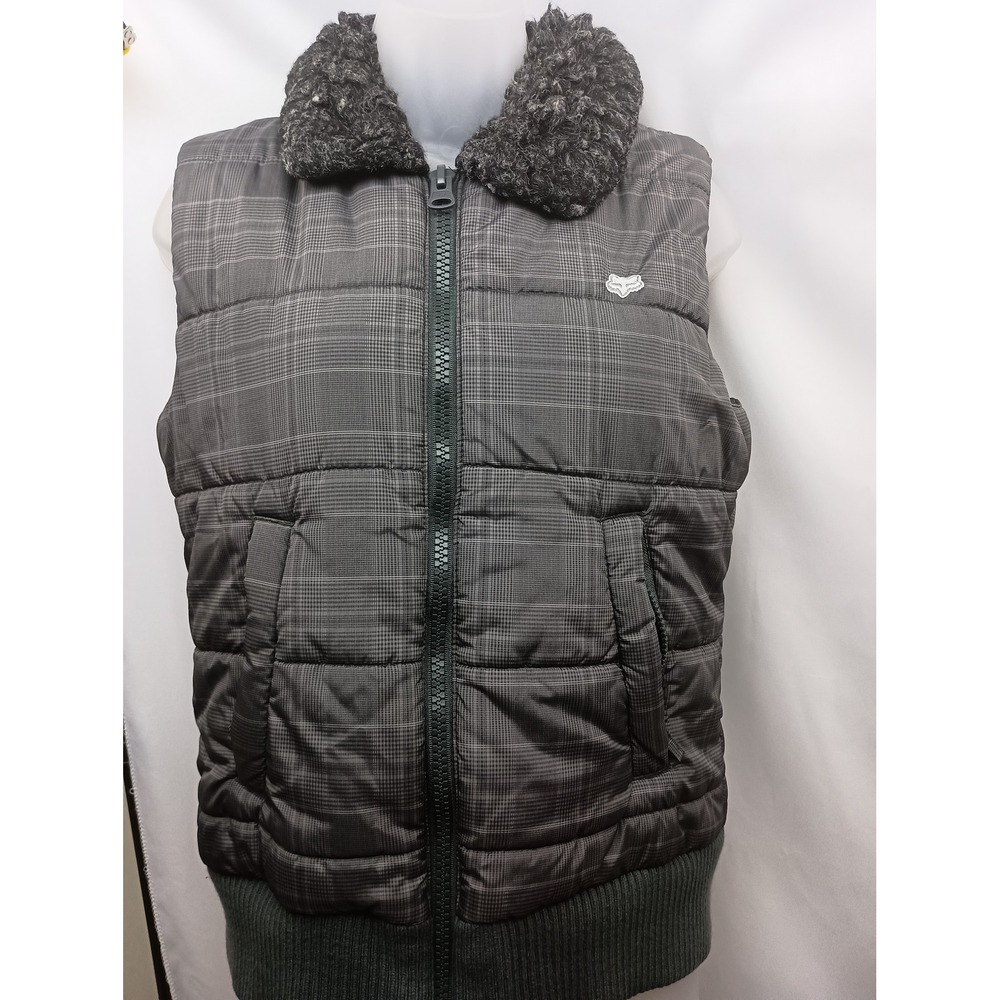 Fox black gray plaid striped puffer M vest travel lightweight vacation